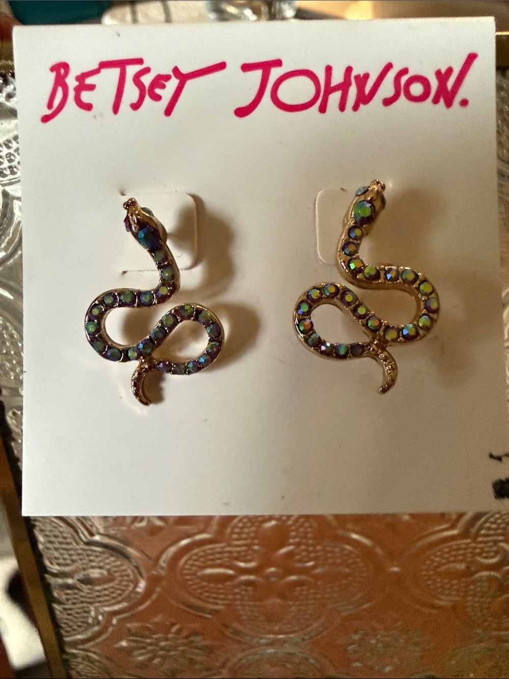 Betsey Johnson Gold Snake Earrings with Iridescent Green Crystals